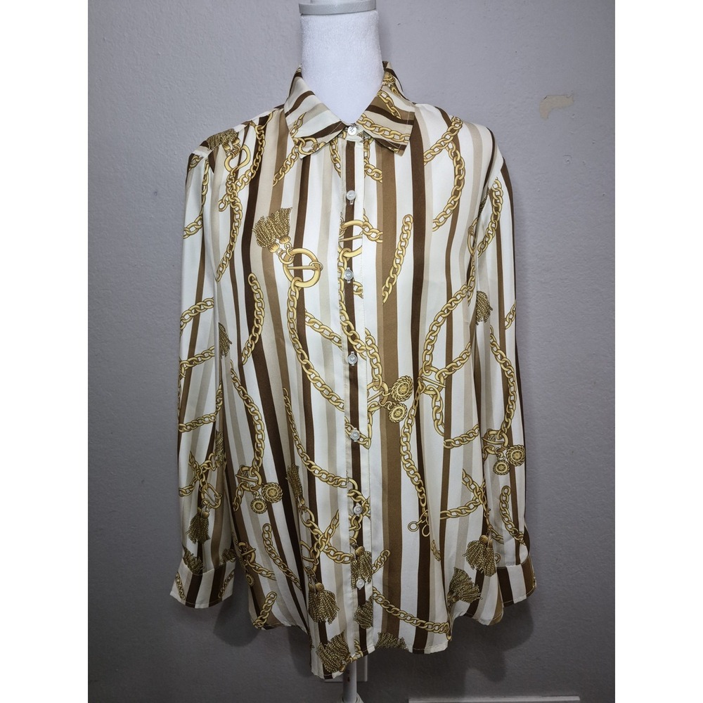 J Mclaughlin Silk Blend Shirt Women Sz Medium Gold Chain Scarf Print Boho Chic